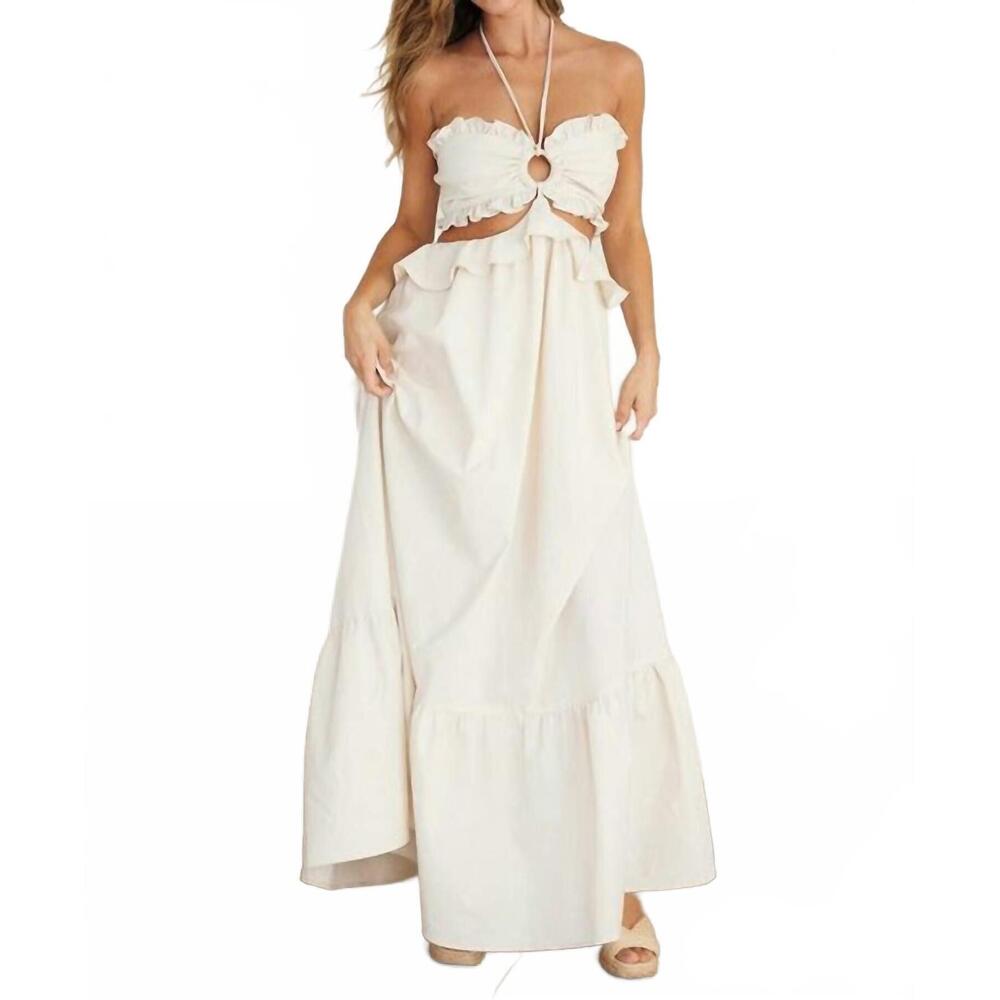 Strapless Cream Maxi Dress with Ruffle Cutout
